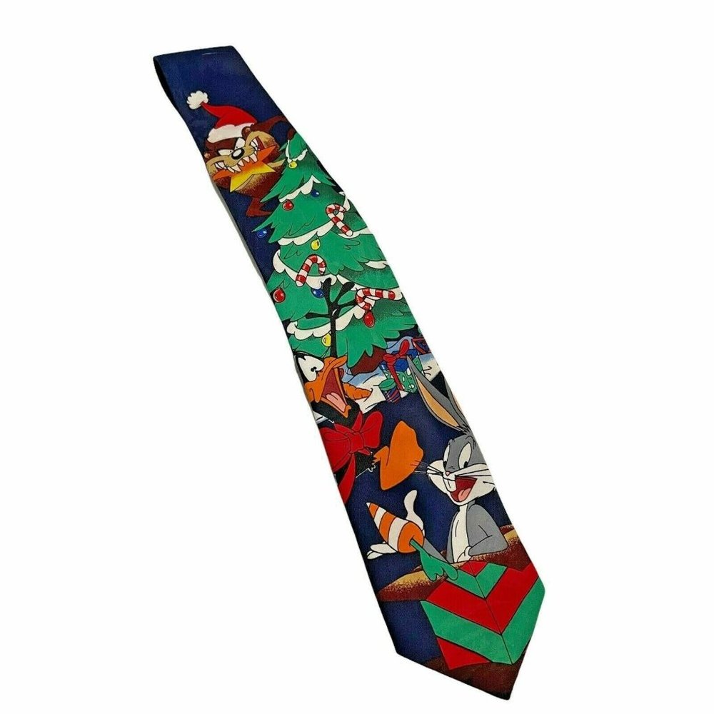 Vtg Looney Tunes Christmas Tree Skinny Tie Bugs Bunny Daffy Duck Tasmanian Devil